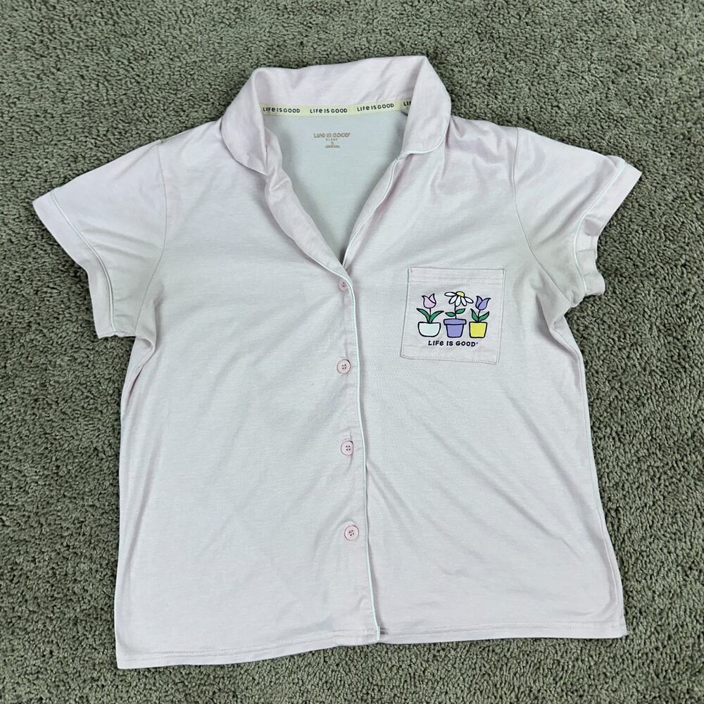 Life Is Good Top Womens S Pink Sleep Shirt Flower Pots Button Front Pajamas READ - Picture 2 of 11